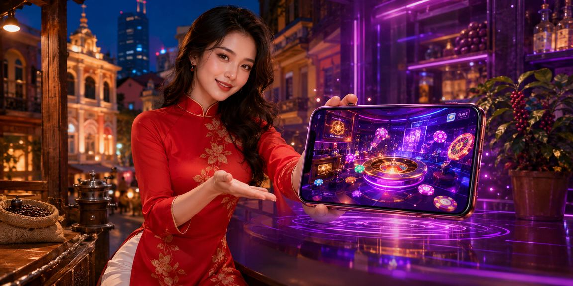 Người chơi tại TP. Hồ Chí Minh mặc áo dài truy cập casino trực tuyến và kiểm tra mã voucher trên điện thoại